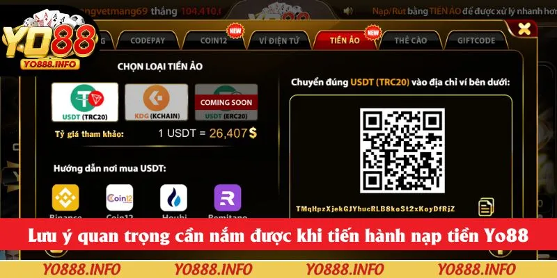 Lưu ý quan trọng cần nắm được khi tiến hành nạp tiền Yo88